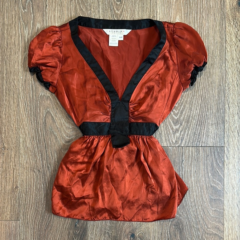 Studio M Rust Red Satin Blouse with Black Trim